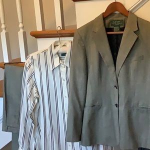 Herringbone suit jacket and pants with silk blouse